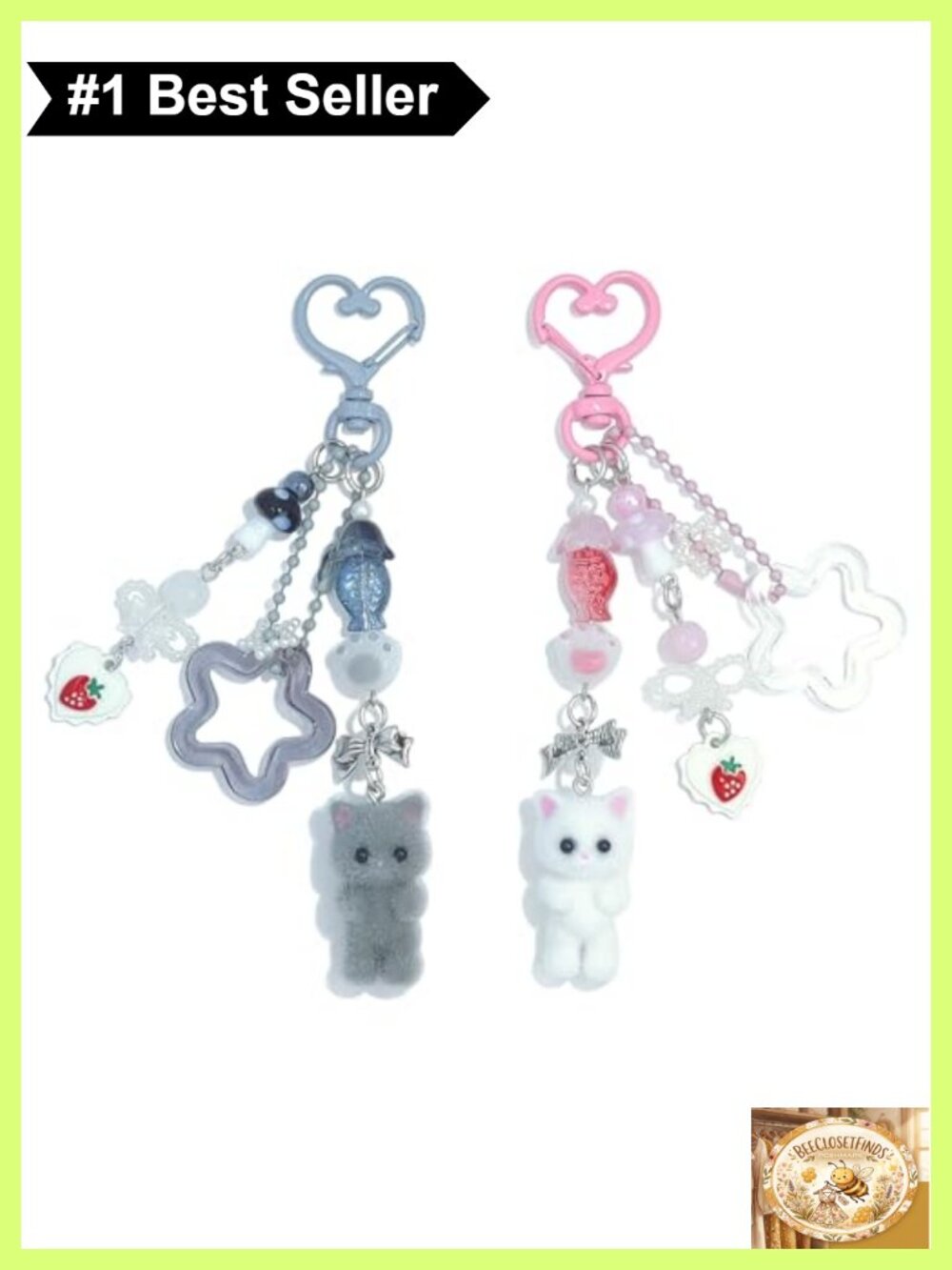 Fuzzy Cat Keychain Alloy Beads Flocking Charm Purse Bag Accessory
